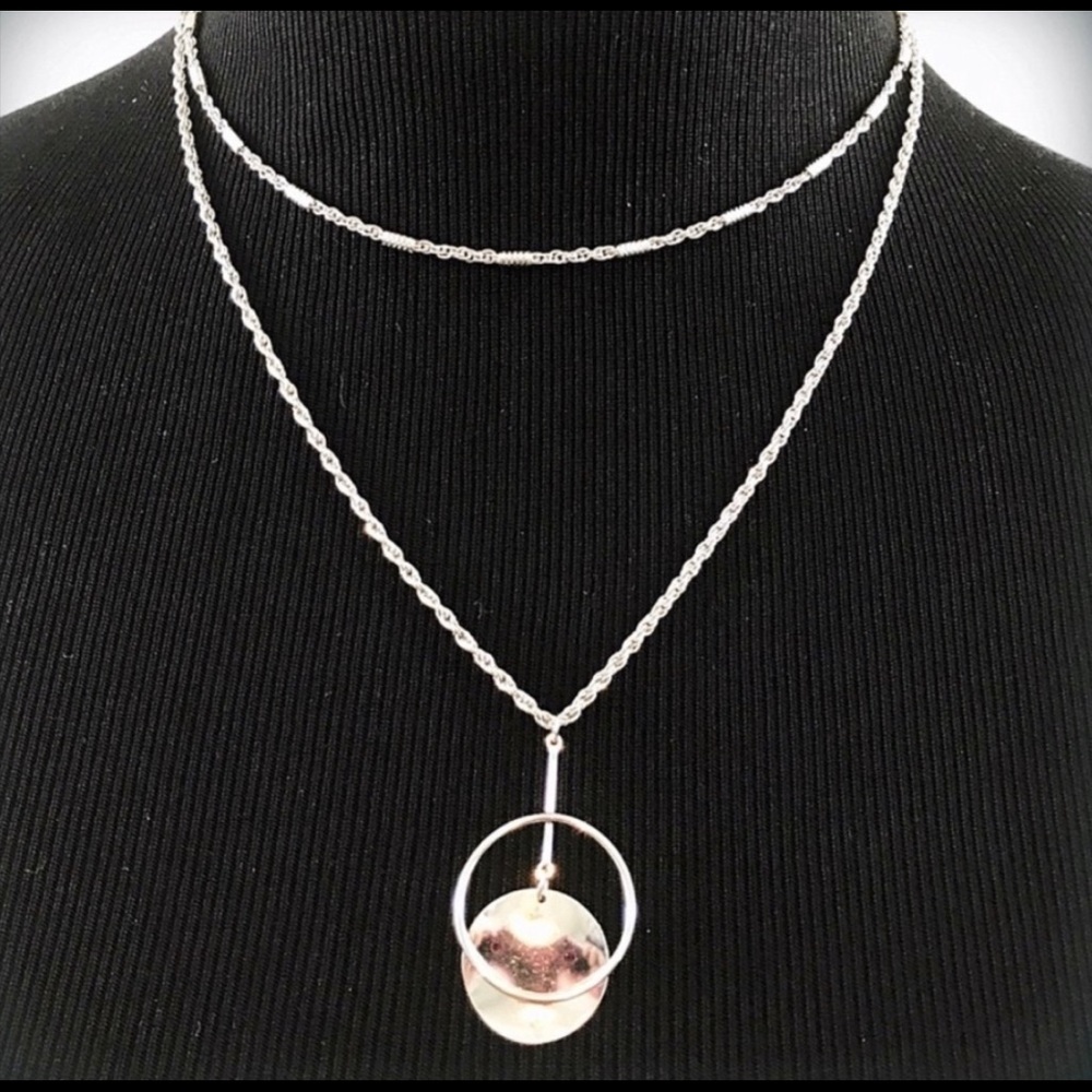 Silver Tone Double Chain Circle Pendant Necklace NWOT